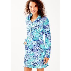 LILLY PULITZER Captain Popover Turquoise Blue Long Sleeve Mini Dress Size Medium